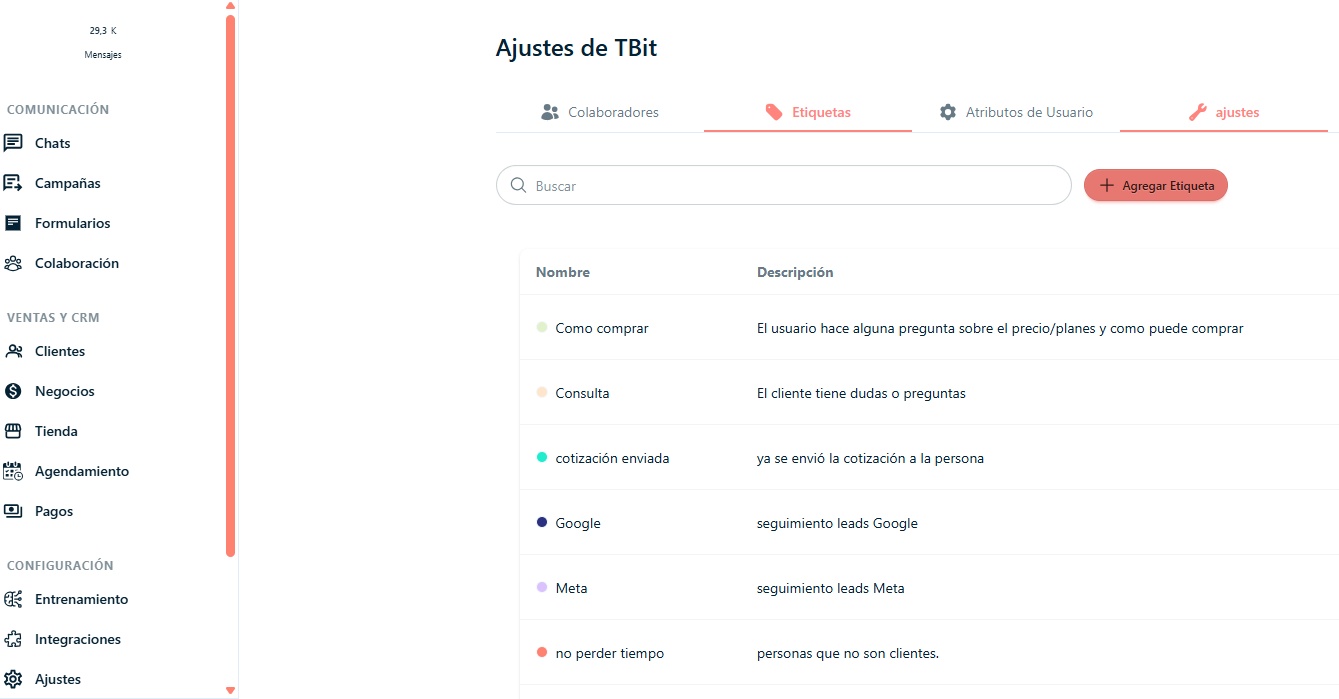 Menu para crear etiquetas en TBit