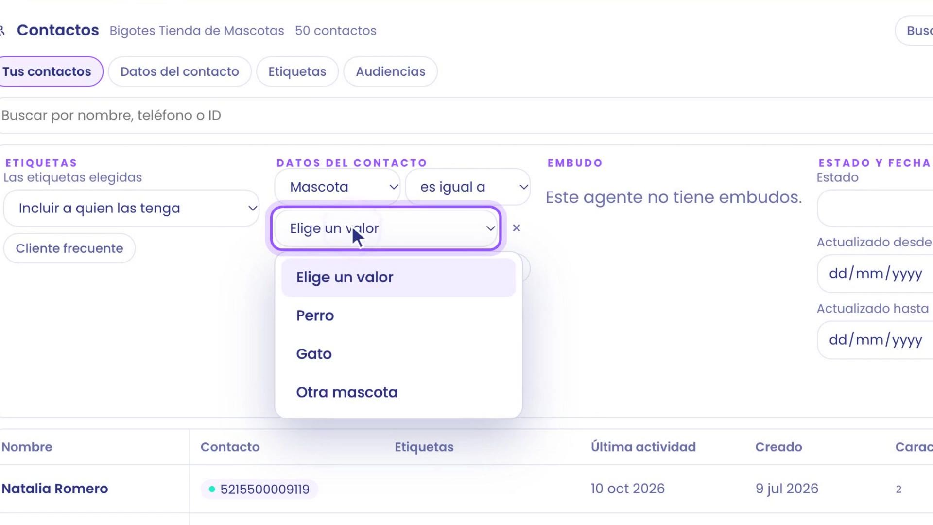 Contacts filters panel: in Contact data, Pet is equal to, with the list open: Dog, Cat, and Other pet.