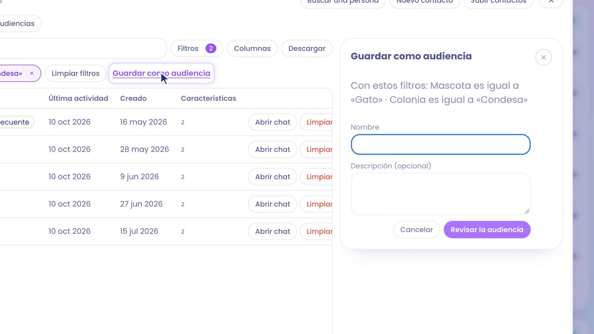 Save as audience window: with these filters, Pet equals Cat and Neighborhood equals Condesa. Name and Description fields, and the Review audience button.