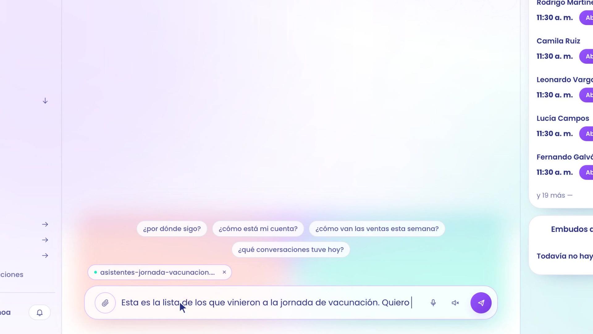 Thread with TBit: the file asistentes-jornada-vacunacion.csv attached and the message This is the list of those who came to vaccination day.