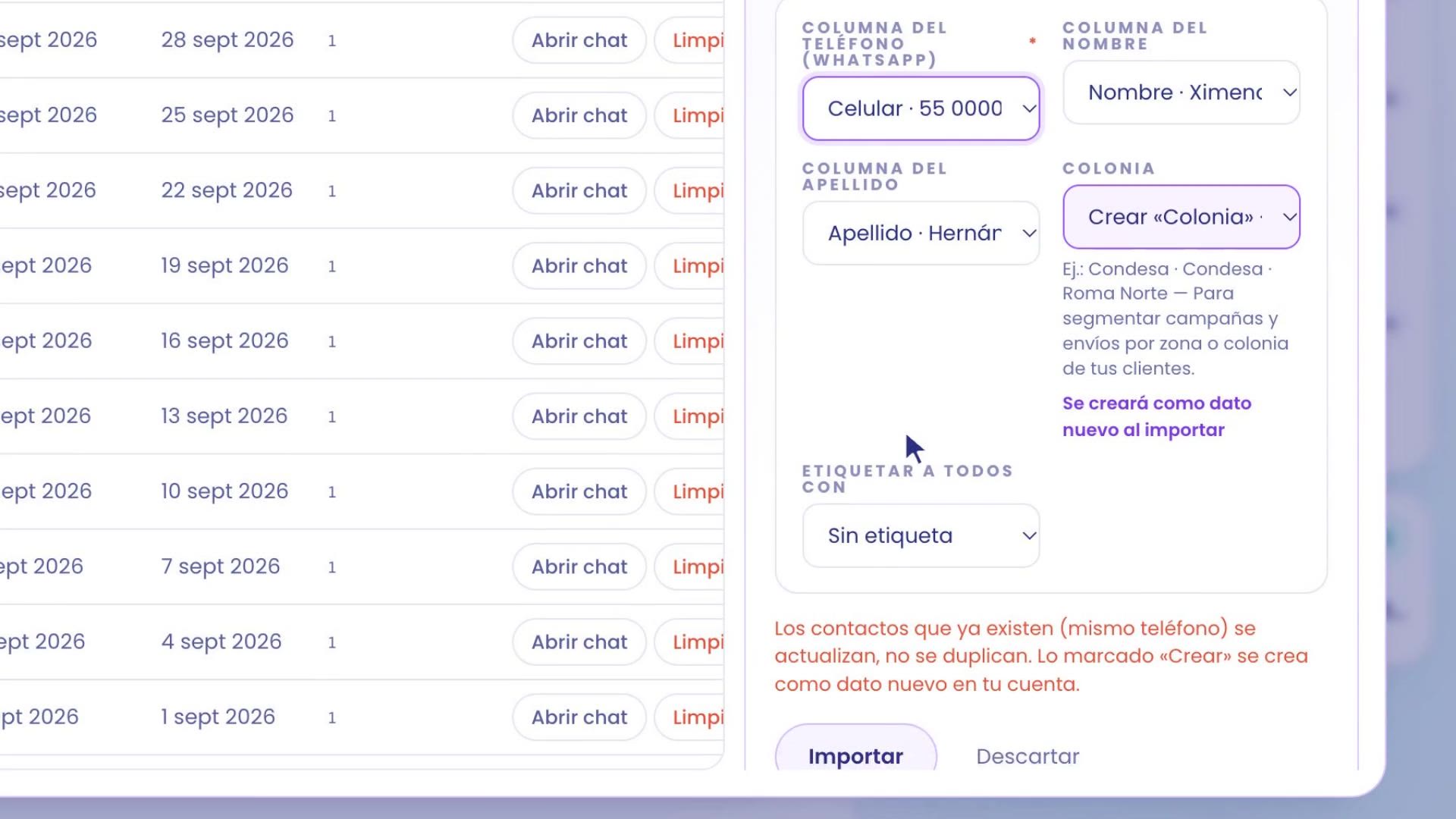 Matched file columns: Cell phone with WhatsApp Phone, First name, Last name, and Neighborhood with Create "Neighborhood". Below, examples: Condesa, Roma Norte. Note: contacts that already exist get updated, they don't get duplicated.