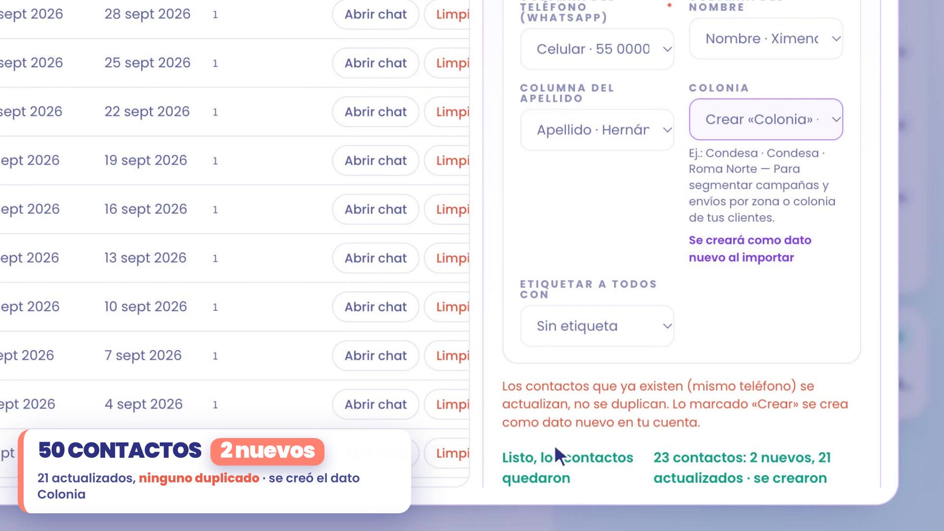 Import result: 23 contacts, 2 new and 21 updated; the Neighborhood field was created. Now there are 50 contacts.