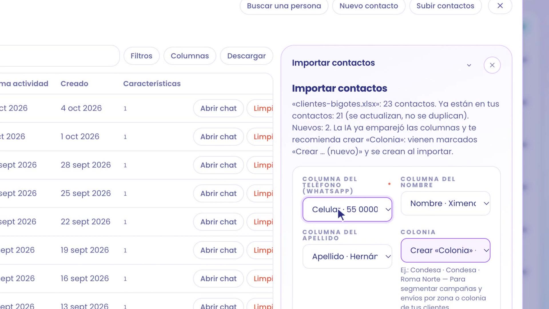Import contacts panel: clientes-bigotes.xlsx, 23 contacts. Already in your contacts: 21, they get updated, they don't get duplicated. New: 2. Below, the matched columns.