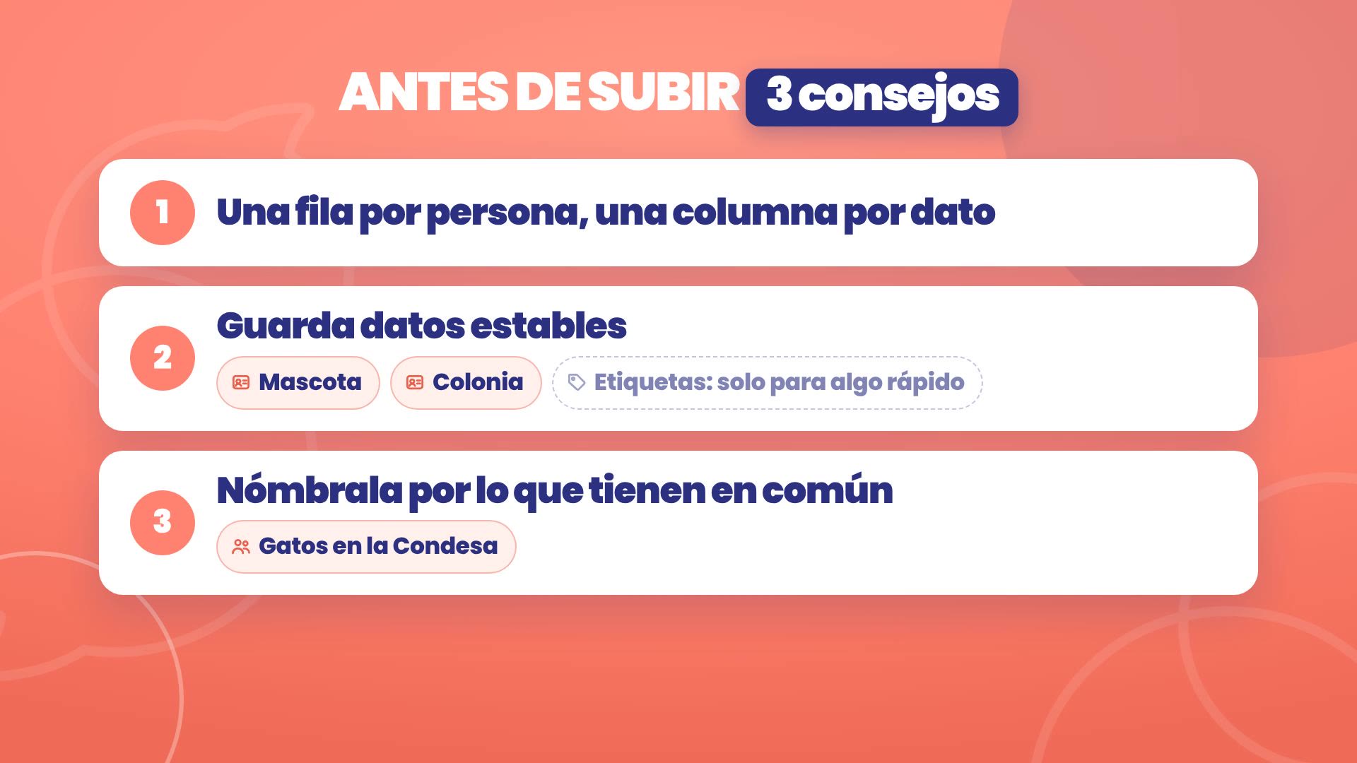 Before uploading, 3 tips: one row per person and one column per detail; save stable data, like Pet and Neighborhood, with tags only for something quick; and name it by what they have in common, like Cats in Condesa.