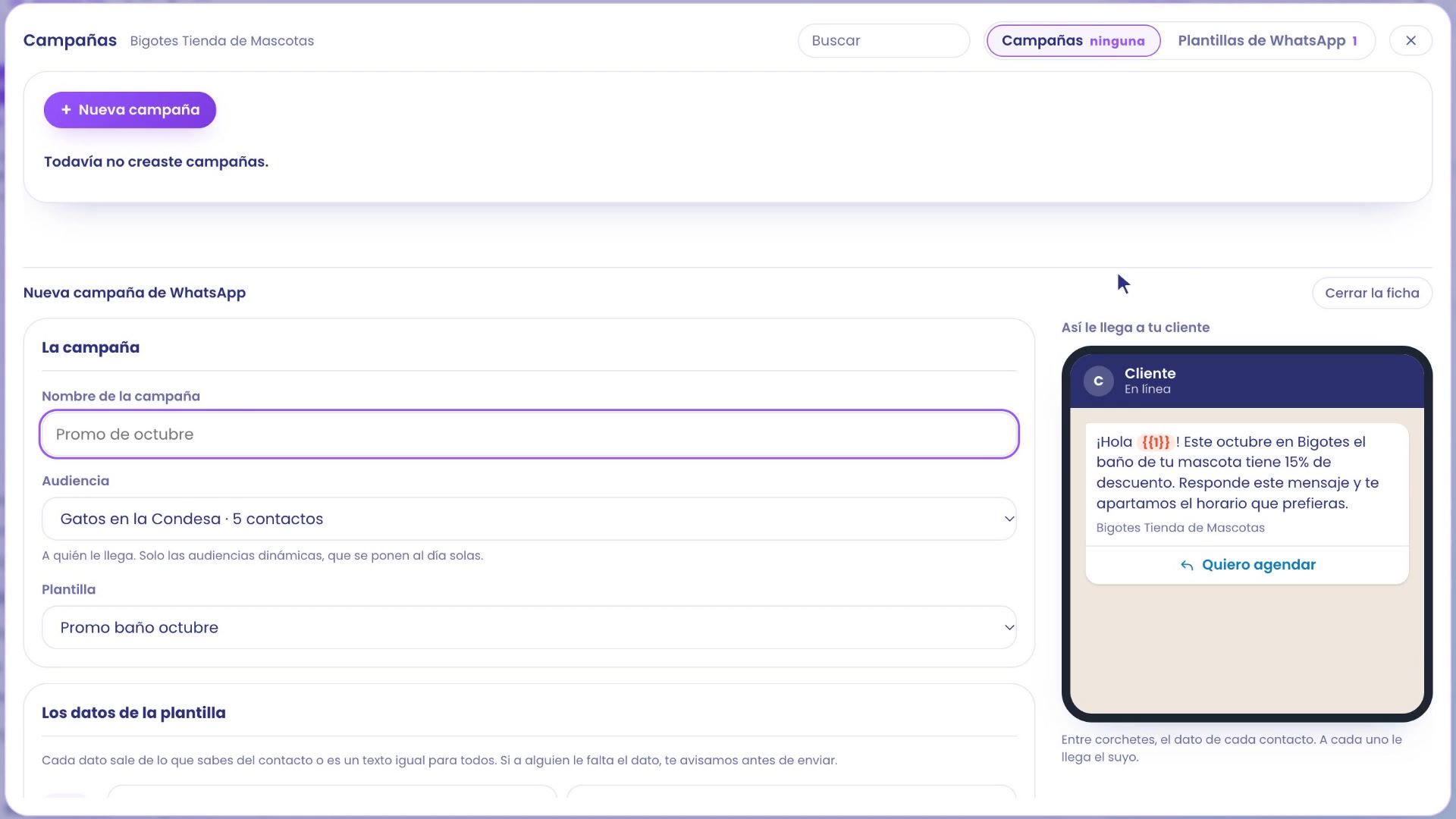 New WhatsApp campaign with the audience Gatos in la Condesa, 5 contacts, already selected, and the template Promo baño octubre. On the right, the message preview on the phone.