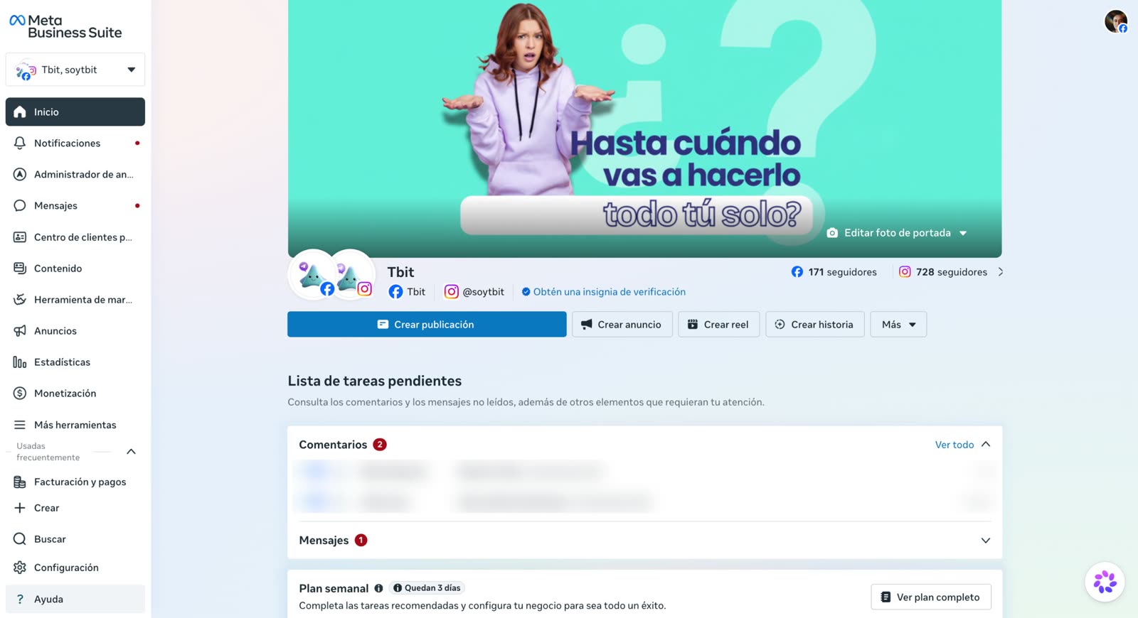Inicio de Meta Business Suite con el menú de la izquierda; abajo aparece la opción Configuración.