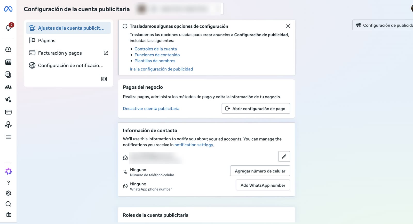 Configuración de la cuenta publicitaria en el Administrador de anuncios, con el bloque Pagos del negocio y el botón Abrir configuración de pago.
