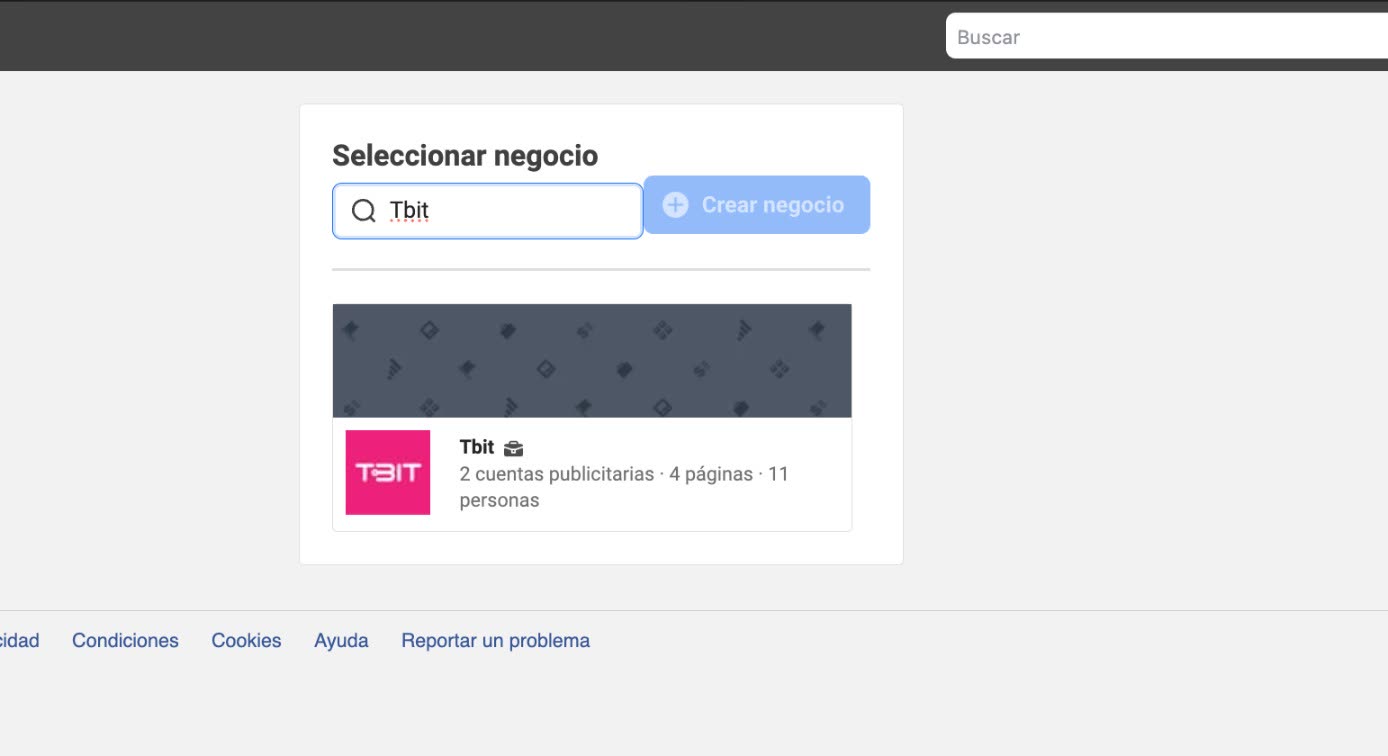 Pantalla Seleccionar negocio de Meta con el buscador y el portafolio comercial Tbit en la lista.