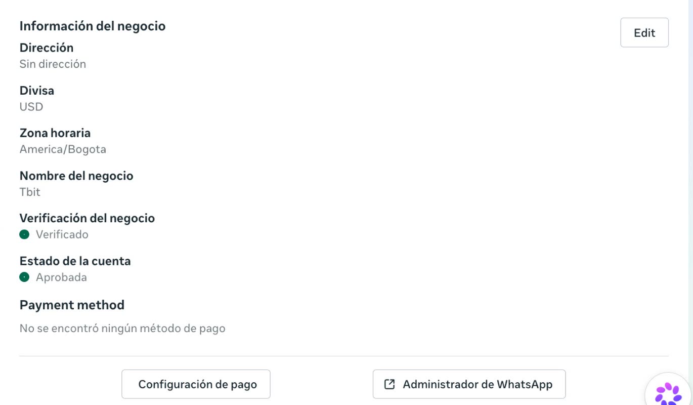 Ficha de una cuenta de WhatsApp en la pestaña Resumen. Debajo de Payment method dice: No se encontró ningún método de pago. Abajo están los botones Configuración de pago y Administrador de WhatsApp.