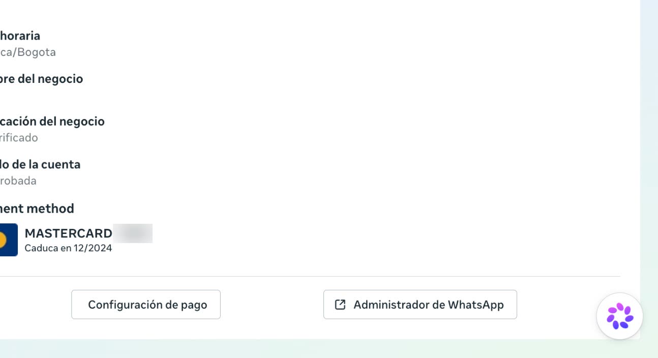 Primer plano del bloque Payment method con una tarjeta MASTERCARD que caduca en 12/2024.